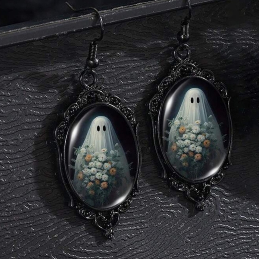 Black Ghost Gothic Victorian Cameo Pendant Earrings New!